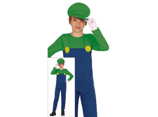 Italiensk rørlegger - Grønn 1 Barnekostyme til gutt - Str 10-12 År 