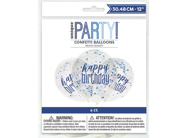 Konfettiballonger - Blå & Sølv Glitz 6 Gummiballonger - 30cm (12")