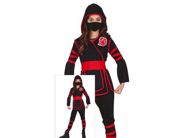 Ninja - Sort/Rød 1 Barnekostyme til jente - Str 3-4 År 