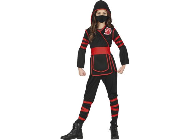 Ninja - Sort/Rød 1 Barnekostyme til jente - Str 3-4 År 
