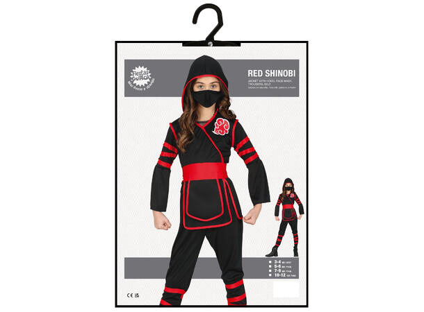 Ninja - Sort/Rød 1 Barnekostyme til jente - Str 3-4 År 