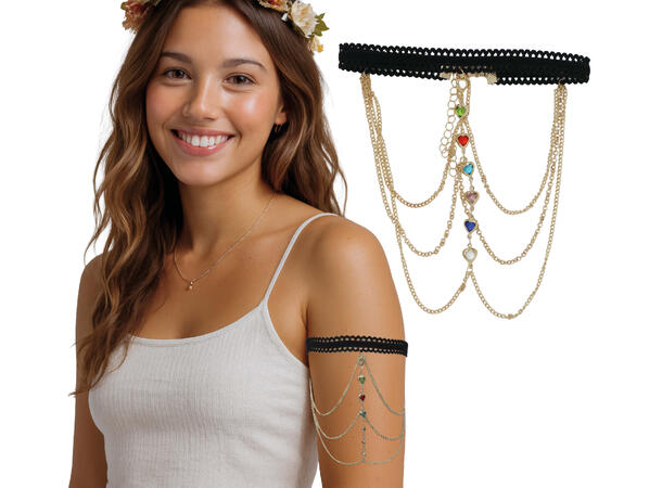 Overarmskjede i sort/gull m/stener 1 Kjede til overarm i metall/PVC 