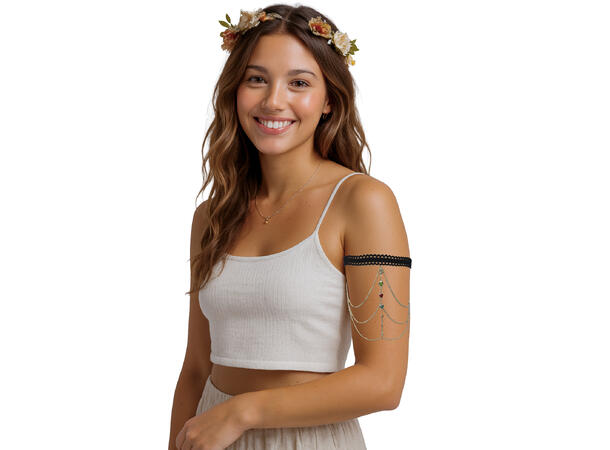 Overarmskjede i sort/gull m/stener 1 Kjede til overarm i metall/PVC 