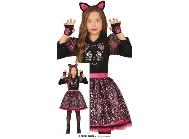 Sort og Rosa kattekostyme - kjole 1 Barnekostyme til jente - Str 7-9 År 