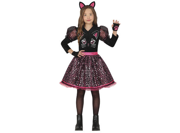 Sort og Rosa kattekostyme - kjole 1 Barnekostyme til jente - Str 7-9 År 
