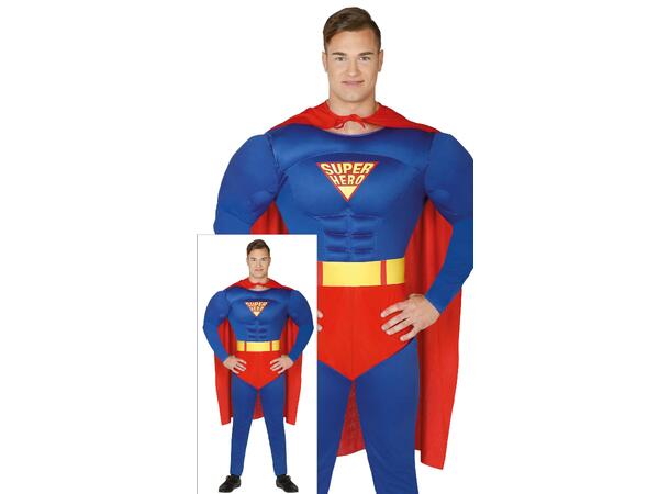 Superhelt - Blå m/Rød kappe og truse 1 Herrekostyme - str 46-48 (S) 