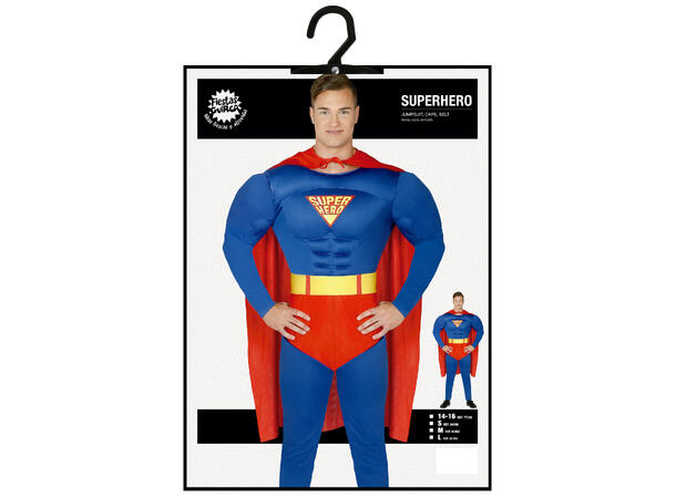 Superhelt - Blå m/Rød kappe og truse 1 Herrekostyme - str 46-48 (S) 