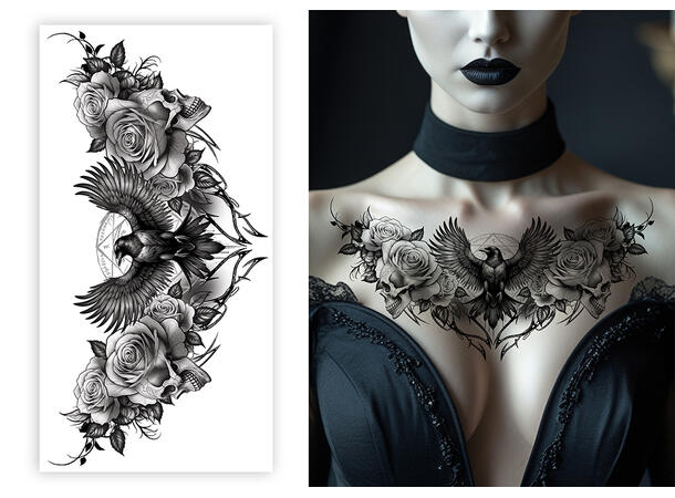 Tatovering - Ravn stor til nakke 1 Ark med tatoveringer - 23,5x12,5cm 