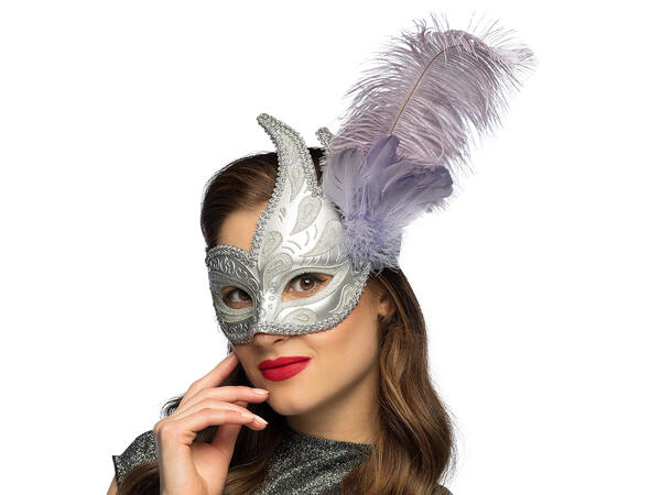 Øyemaske - Venezia - Sølv m/Fjær 1 Øyemaske - Onesize 