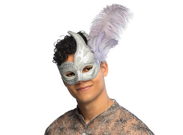 Øyemaske - Venezia - Sølv m/Fjær 1 Øyemaske - Onesize 