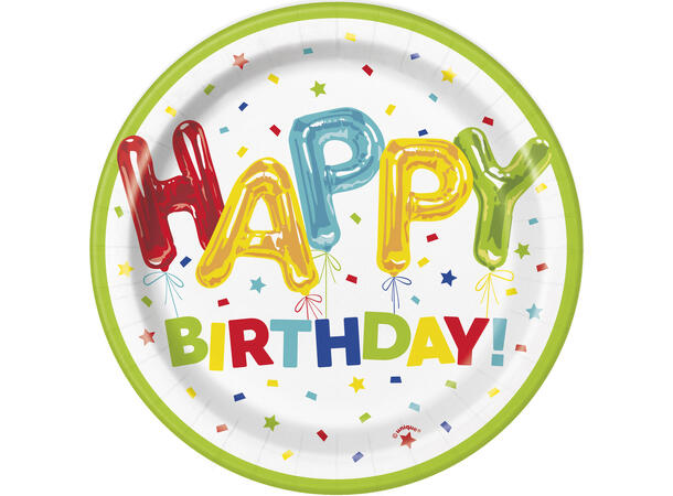 Happy Balloon Bursdag 8 Runde tallerkener i papp - 18cm
