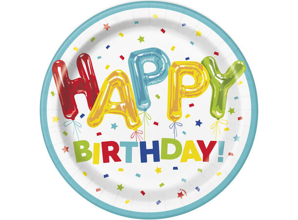 Happy Balloon Bursdag 8 Runde tallerkener i papp - 23cm