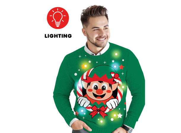 Julegenser - Alv - Grønn m/12 LED-lys 1 Genser i bomull til dame - Str XL 