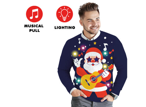 Julegenser - Cool Santa-Blå m/12 LED-lys 1 Genser i bomull til mann - Str L 