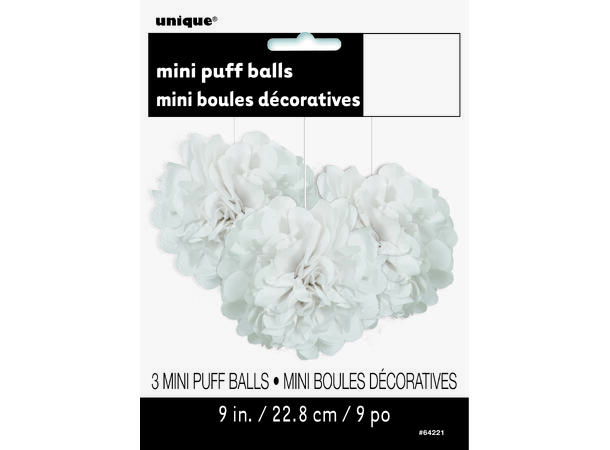 Mini Pompom - Silkepapir- Hvit 3 Papirdekorasjoner - 23cm
