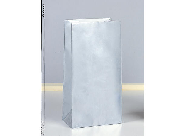 Ensfarget Sølv Metalllic 10 Godteposer i papir - 25,5x13cm