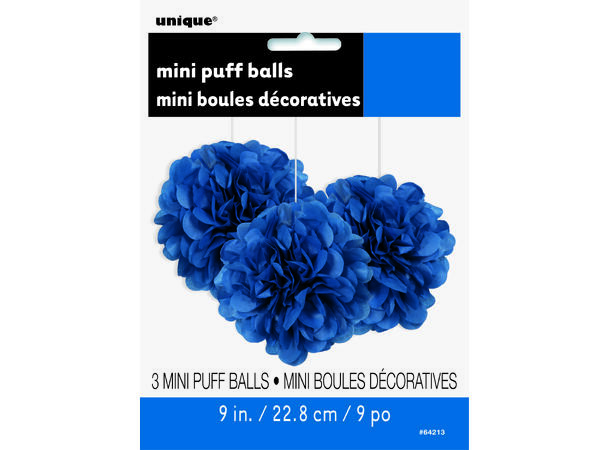Mini Pompom - Silkepapir - Blå 3 Papirdekorasjoner - 23cm