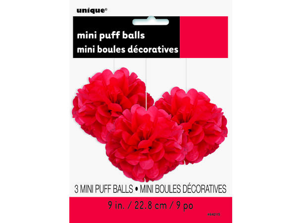 Mini Pompom - Silkepapir- Rød 3 Papirdekorasjoner - 23cm