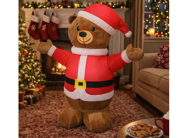 Oppblåsbar teddybjørn m/nissedrakt 1 Oppblåsbar figur m/vifte - 120cm 