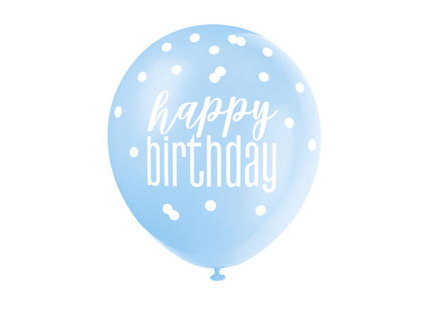 Blå & Sølv Glitz - "Happy Birthday" 6 Gummiballonger - 30cm (12") - 3 farger