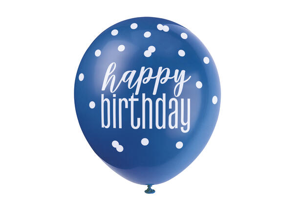 Blå & Sølv Glitz - "Happy Birthday" 6 Gummiballonger - 30cm (12") - 3 farger