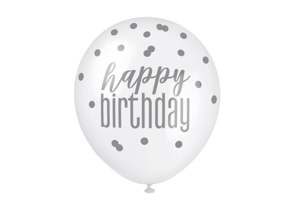 Blå & Sølv Glitz - "Happy Birthday" 6 Gummiballonger - 30cm (12") - 3 farger