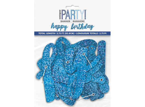 Blå & Sølv Glitz - "Happy Birthday" 1 Leddbanner i papir - 2 deler