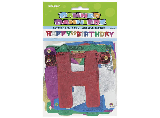 Deluxe - Glitter "Happy Birthday" 1 Leddbanner i papir - ca 1,5m