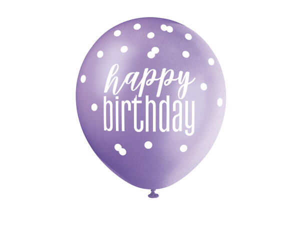 Rosa & Sølv Glitz - "Happy Birthday" 6 Gummiballonger - 30cm (12") - 3 farger 