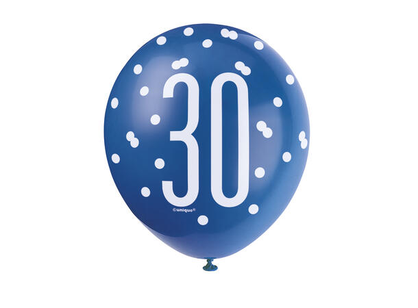 Blå & Sølv Glitz - #30 6 Gummiballonger - 30cm (12") - 3 farger