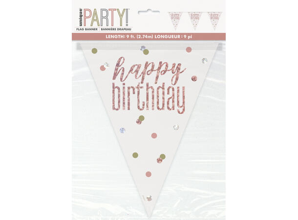 Rosegull Glitz - "Happy Birthday" 1 Flaggbanner i plast - 2,9m