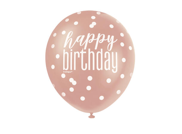 Rosegull Glitz - "Happy Birthday" 6 Gummiballonger - 30cm (12") - 3 farger