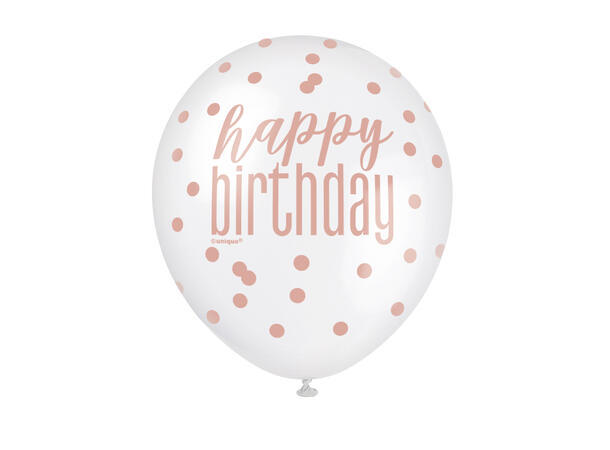 Rosegull Glitz - "Happy Birthday" 6 Gummiballonger - 30cm (12") - 3 farger