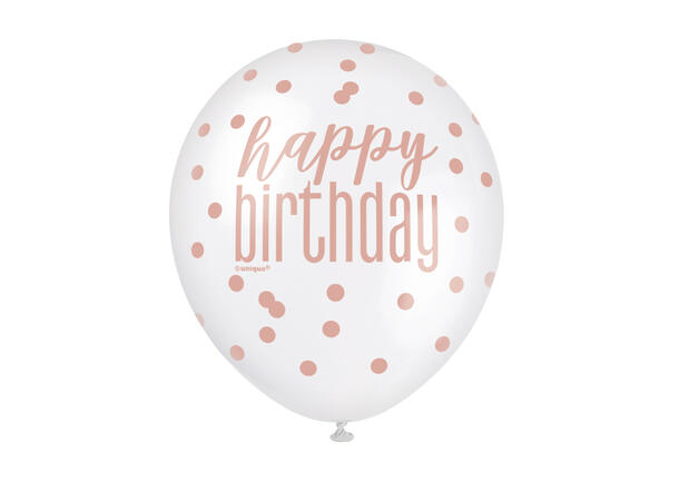 Rosegull Glitz - "Happy Birthday" 6 Gummiballonger - 30cm (12") - 3 farger