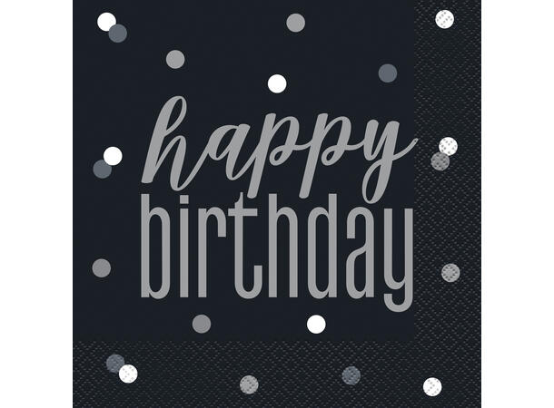 Sort & Sølv Glitz - "Happy Birthday" 16 Lunchservietter - 33x33cm
