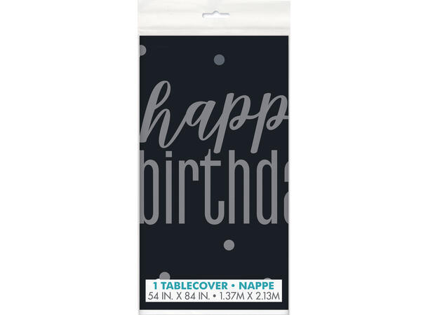 Sort & Sølv Glitz - "Happy Birthday" 1 Plastikkduk firkantet - 137x214cm