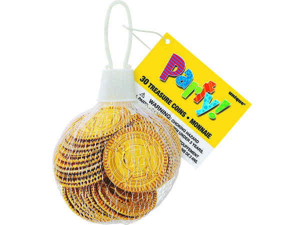 Gullmynter Pirat i nett 30 Plastikk gullmynter i salgsdiplay