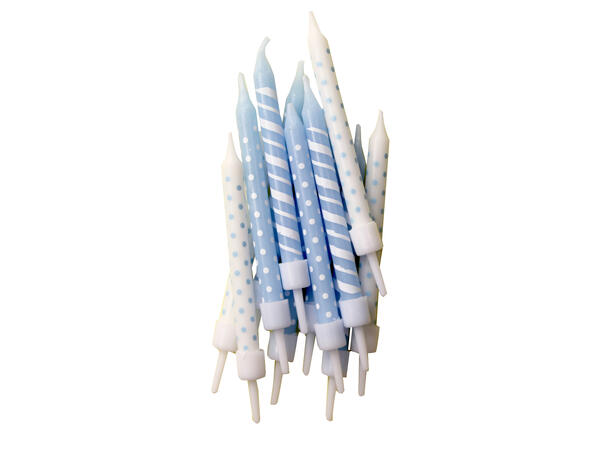 12 Prikker og striper -  Lyseblå & Hvit 7,5cm - Kakelys med holdere