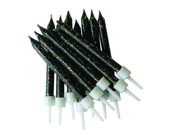 12 Glitter Kakelys Sort 7,5cm - Kakelys med holdere