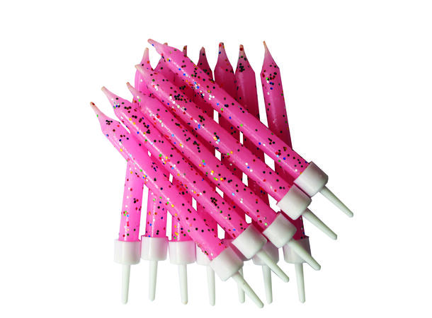 12 Glitter Kakelys Rosa 7,5cm - Kakelys med holdere