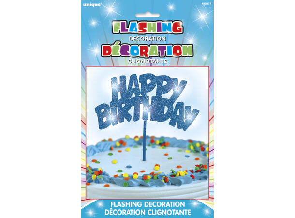 Blinkende - "Happy Birthday" - Blå 1 Kakedekorasjon m/LED-lys