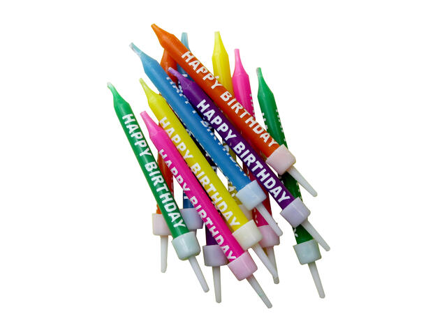 12 Happy Birthday Kakelys Multi-Farget 7,5cm - Kakelys med holdere