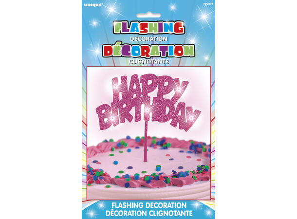 Blinkende - "Happy Birthday" - Rosa 1 Kakedekorasjon m/LED-lys