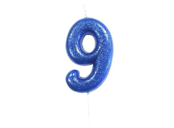 1 Nr 9 Glitter Tall - Blå Støpt kakelys på pinne - 7cm