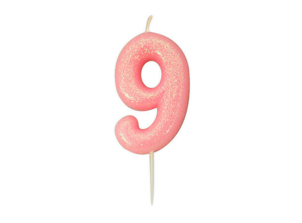 1 Nr 9 Glitter Tall - Rosa Støpt kakelys på pinne - 7cm
