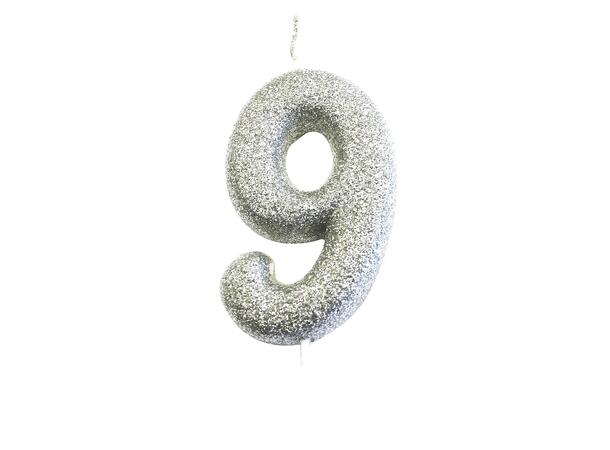 1 Nr 9 Glitter Tall - Sølv Støpt kakelys på pinne - 7cm