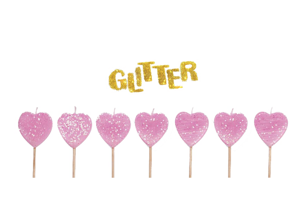 10 Glitter Hjerte Kakelys på pinne Rosa Kakelys på pinne - 7,5 cm