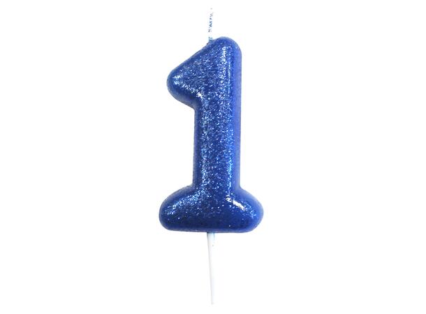 1 Nr 1 Glitter Tall - Blå Støpt kakelys på pinne - 7cm