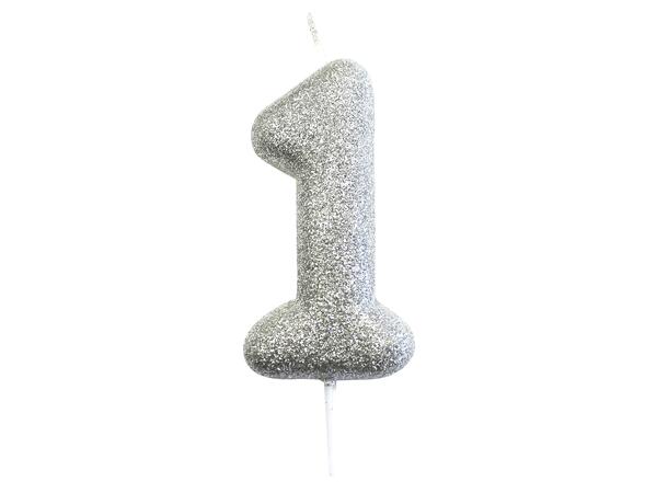 1 Nr 1 Glitter Tall - Sølv Støpt kakelys på pinne - 7cm