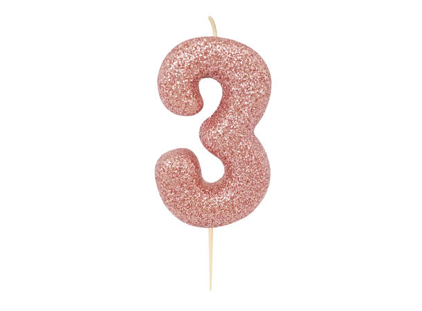 1 Nr 3 Glitter Tall - Rosegull Støpt kakelys på pinne - 7cm